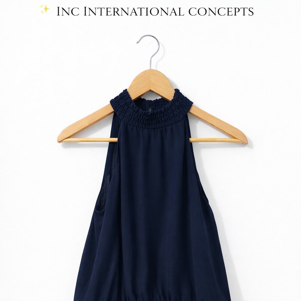 INC International Concepts Blue Halter Top Small Smocked Waist Flowy Blouse Chic